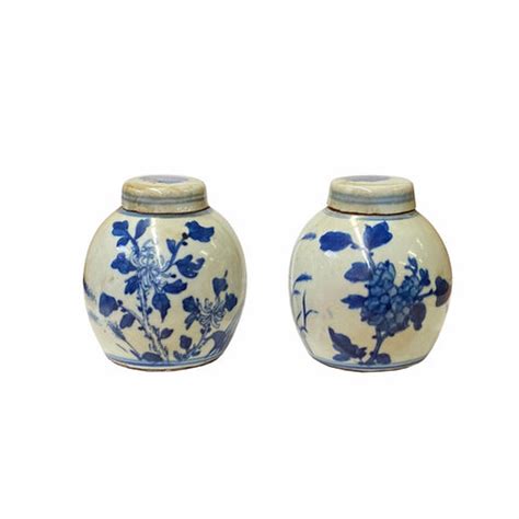 Pair Blue White Mini Oriental Flowers Graphic Porcelain Ginger Jars ws – Golden Lotus Antiques