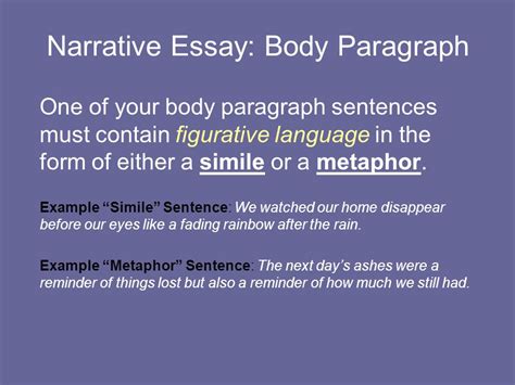 Narrative Essay: Body Paragraph The body paragraph will... Develop ...