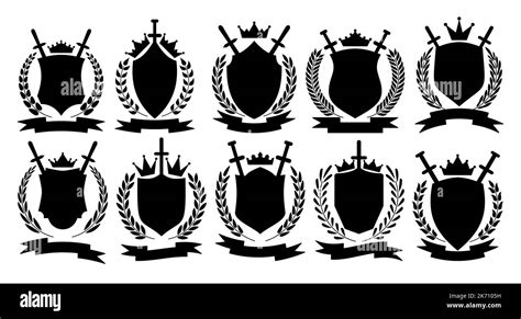 Heraldic royal emblem set with kings crown, shield, sword, laurel ...
