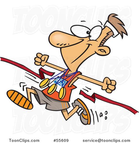 Cartoon Athletic Marathon Runner Breaking Through a Finish Line with ...