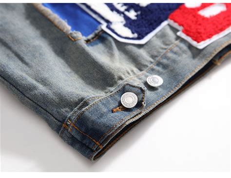 Men'S American Flag Badge Patch Slim Denim Jacket Vintage Letters Patchwork Ripped Distressed ...