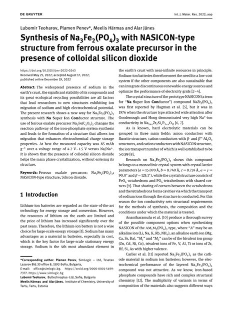 (PDF) Synthesis of Na 3 Fe 2 (PO 4 ) 3 with NASICON-type structure from ...