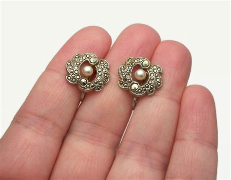 Vintage Silver Marcasite Screw Back Clip on Earrings with Pearl Accent ...