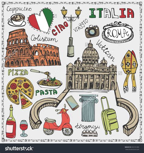 Italy famous Rome landmark,lettering,food set.Vintage Hand drawn doodle ...