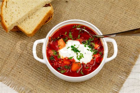 Traditional Ukrainian borsch with sour cream | Stock image | Colourbox