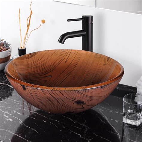 Aquaterior Tempered Glass Round Vessel Sink Wood Grain Pattern Above Counter Bathroom Lavatory ...