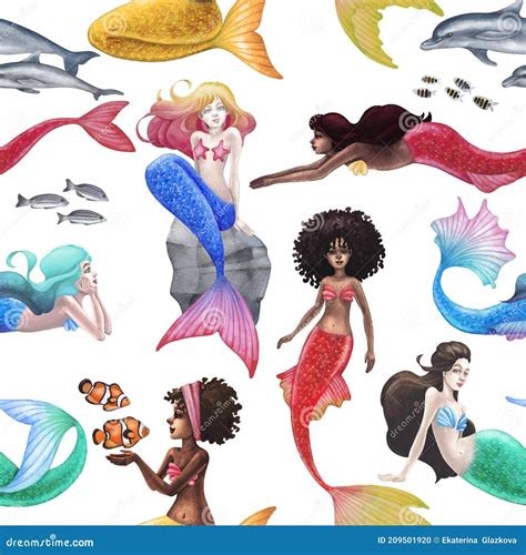 The Group of Watercolor Mermaids with the Diverse Appearance Stock Illustration - Illustration ...