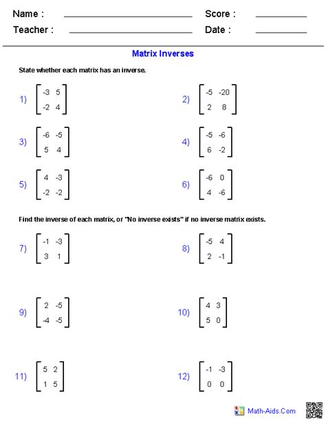 Algebra 2 Worksheets | Matrices Worksheets