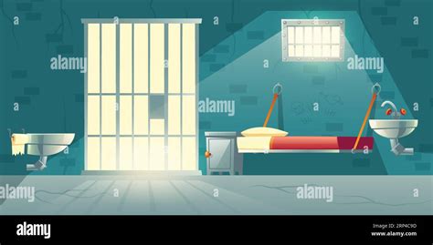 Dark prison cell interior cartoon vector with metal bars on window, bunk bed, toilet bowl ...