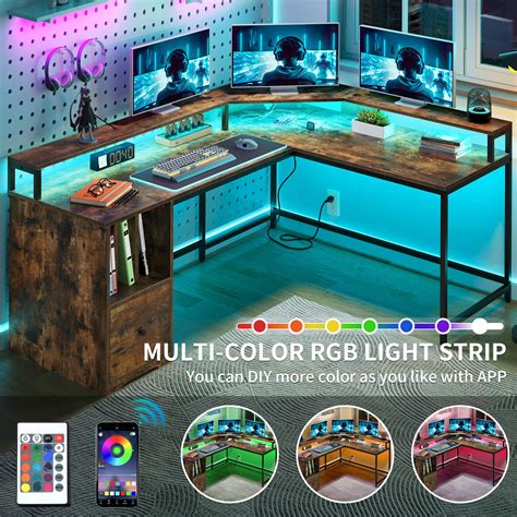 L-Shaped Gaming Desk: File Drawer, LED Lights — Shop Now!
