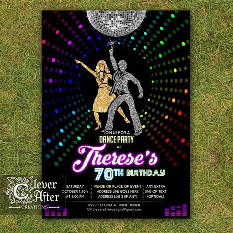 Disco Invitation 70's disco dance night party invite Neon disco ball lights birthday invitations ...