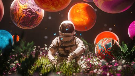 Astronauta con planetas y flores Fondo de pantalla 4k HD ID:10667