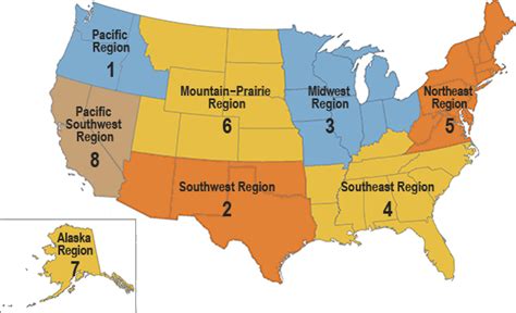 Map of the United States that shows the eight administrative regions of ...