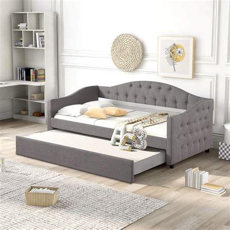 Amazon.com: Flieks Upholstered Twin Daybed with Trundle, Twin Size Upholstered Sofa Bed Frame ...