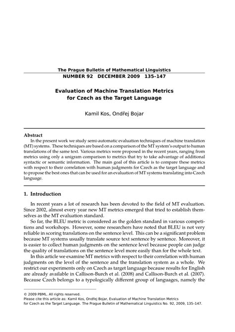 (PDF) Evaluation of Machine Translation Metrics for Czech as the Target ...