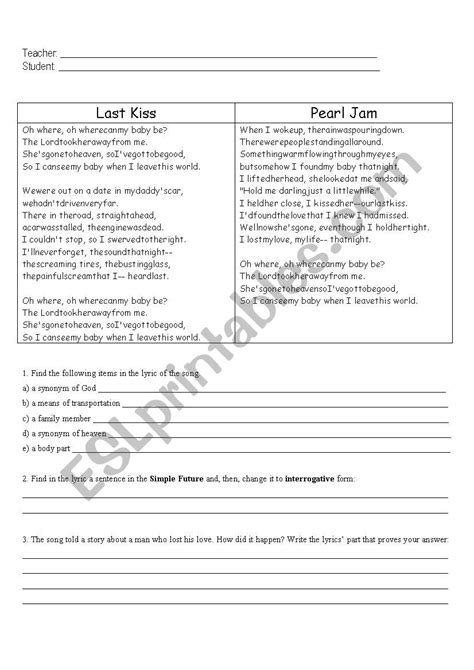 Lyrics - ESL worksheet by happiness22