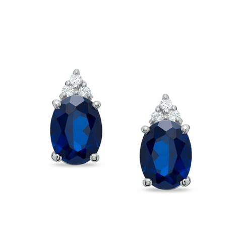 Oval Lab-Created Blue Sapphire and Diamond Top Stud Earrings in 10K ...