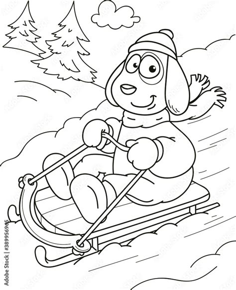 Coloring page outline of cartoon smiling cute dog sledding. Colorful ...