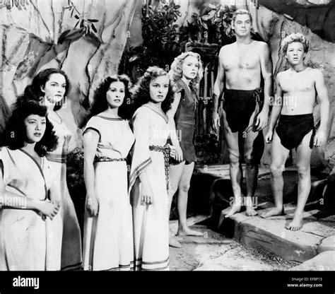 BRENDA JOYCE, JOHNNY WEISSMULLER, JOHNNY SHEFFIELD, TARZAN AND THE LEOPARD WOMAN, 1946 Stock ...