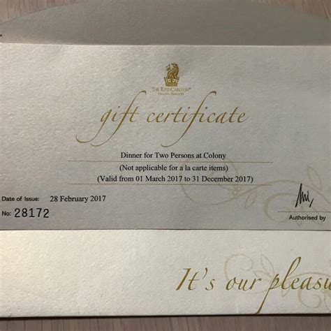 Gift Certificate for International Buffet Dinner for 2 persons at Colony in Ritz Carlton ...