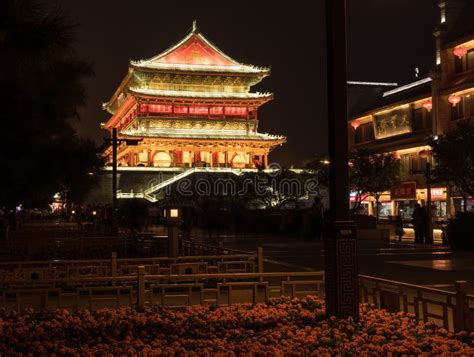 Illuminated Bell Tower in Xian, China at Night Editorial Photography ...