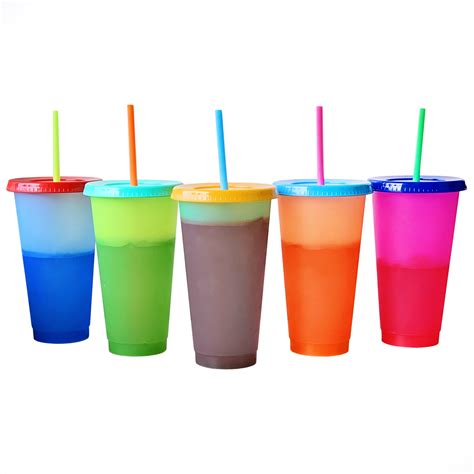 Color Changing Cold Drink Cups: 24oz Blank Cold Cups - 5 Reusable Cups, Lids and Straws - Summer ...