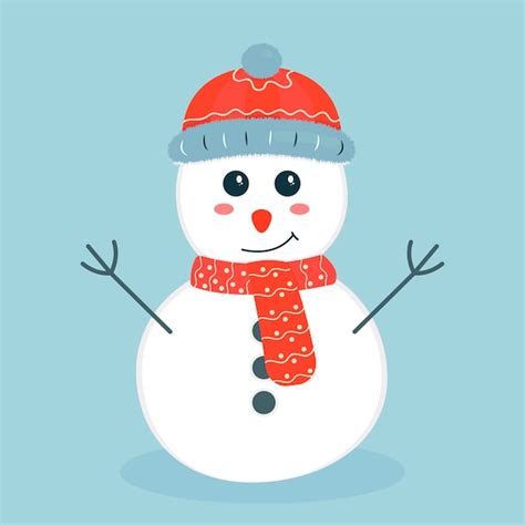 Premium Vector | Cute smiling snowman in a red hat and scarf on blue background