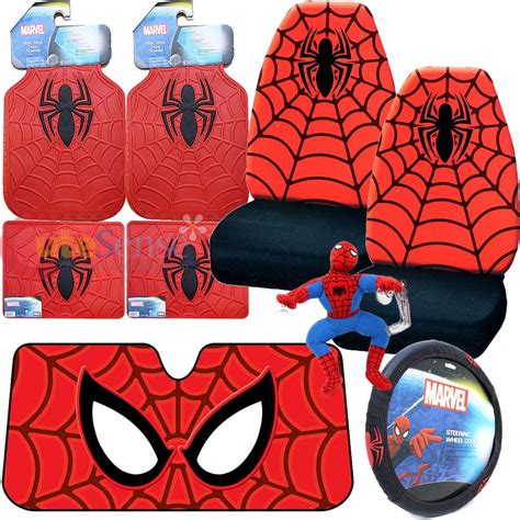 Marvel Spiderman Car Seat Covers Accessories Complete 9pc Set w/Sunshade Plush | eBay