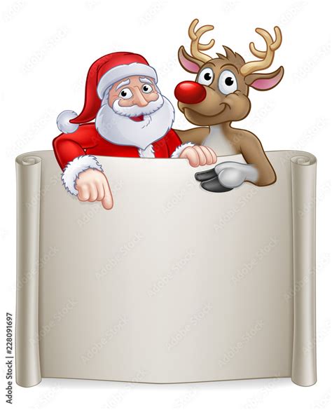 Santa Claus and his Reindeer Christmas cartoon characters peeking over ...