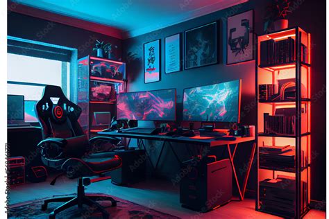 Interior of a cyberpunk colorful streaming and gaming studio for ...