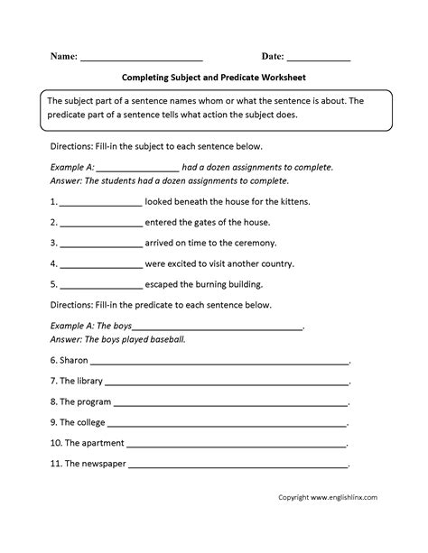 Parts of a Sentence Worksheets | Subject and Predicate Worksheets