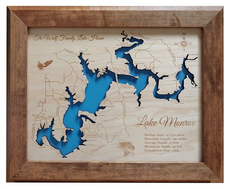 Lake Monroe, Indiana - Laser Cut Wood Map