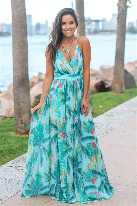 Turquoise Tropical Print Maxi Dress | Tropical maxi dress, Maxi dress ...