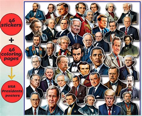 Printable United States Presidents Stickers | Coloring Pages US Presidents, Clipart, Digital ...