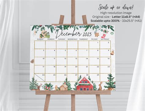 December 2023 Calendar, Beautiful Winter Scene with Leaves & Snow, Whi ...