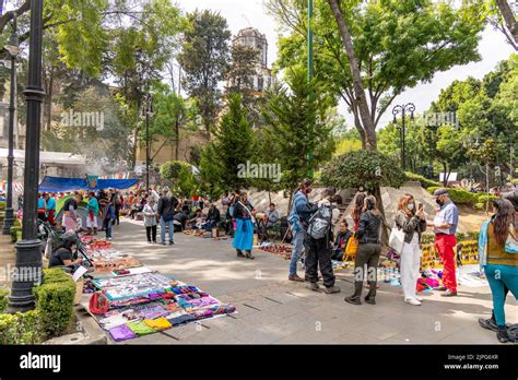 People at a market in Plaza Jardin Hidalgo in Coyoacan, Mexico City ...