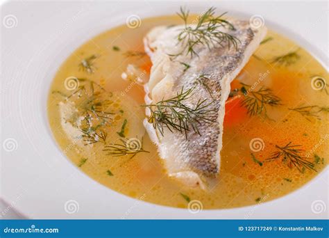 Fish and Seafood Soup . Delicious Soup with White Fish and Vegetables ...