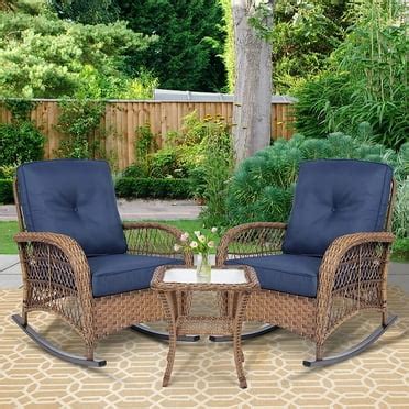 MEETWARM 3 Pieces Patio Wicker Rocking Chair Set, Rattan Outdoor Rocker Chairs Set with Cushions ...