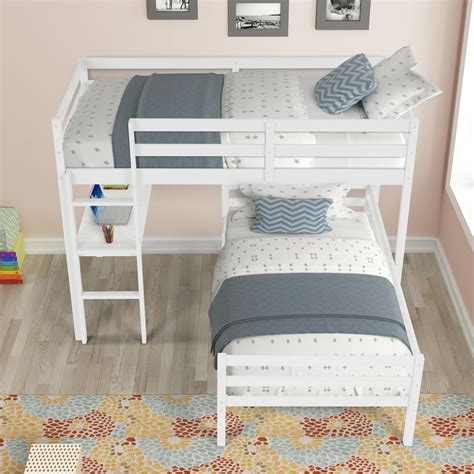 Twin over Twin L-Shaped Bunk Bed with Desk for Kids, Solid Wood Convertible L-shaped Bunk Bed ...