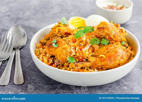 Chicken Biryani with Raita and Eggs on Dark Background Horizontal Photo Stock Image - Image of ...