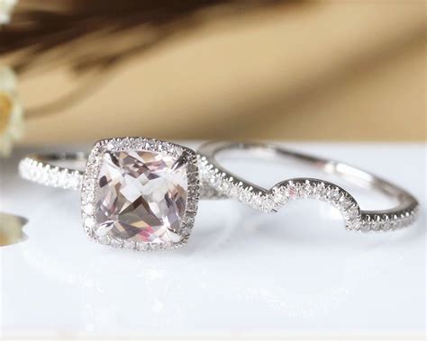 Cushion Cut Morganite Ring Set Solid 14K White Gold Morganite ...