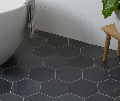 Black hexagon slate floor and wall tiles with a riven finish by Ca ...