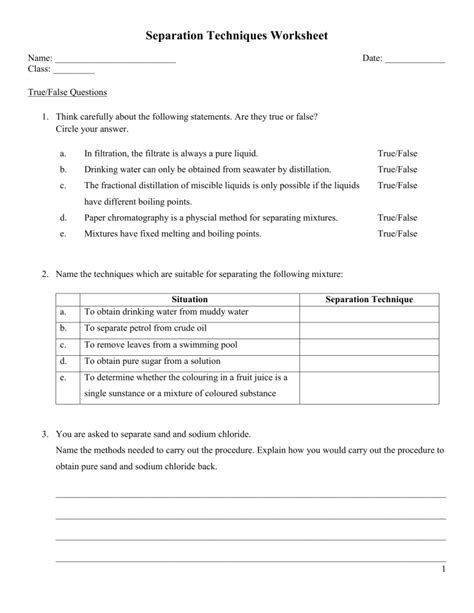 10: Separation Techniques Worksheet