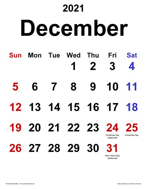 December 2021 Calendar | Templates for Word, Excel and PDF