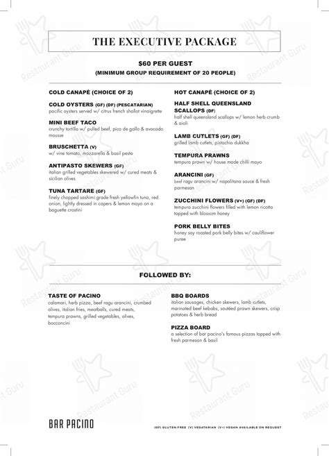 Menu at Bar Pacino, Brisbane City