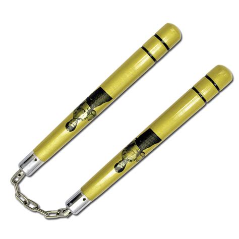 12" Round Wood Nunchaku with Lacquered Yellow Finish & Bruce