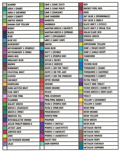 Printable Sharpie Color Chart