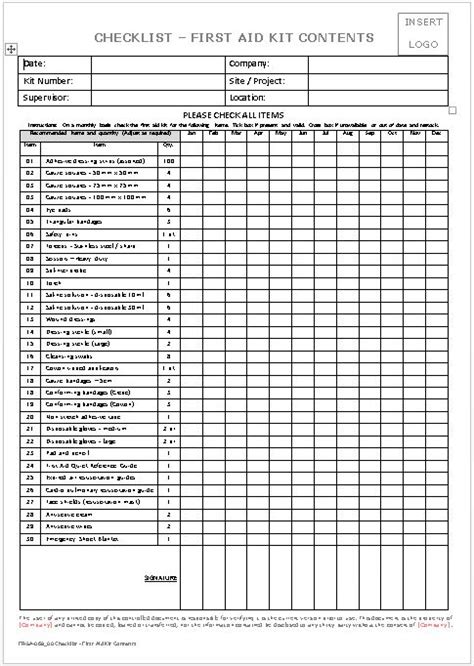 Checklist First Aid Kit Contents | mail.napmexico.com.mx