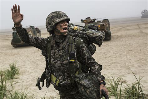 Republic of Korea Marine Corps officer gives an order during an ...