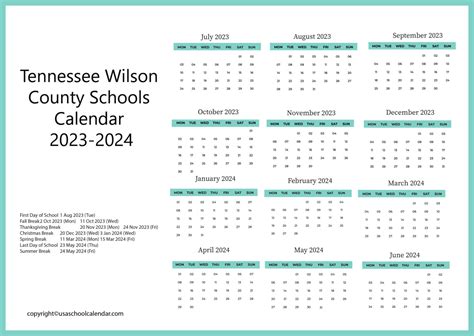 Tennessee Wilson County Schools Calendar 2023-2024